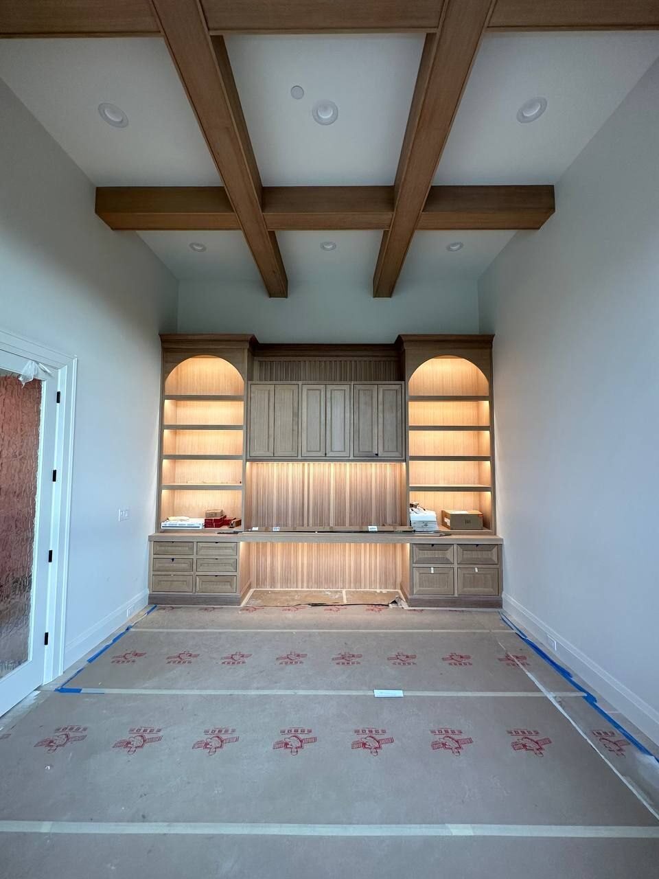 Coffered ceiling downlights with backlit built in shelving, Vancouver WA