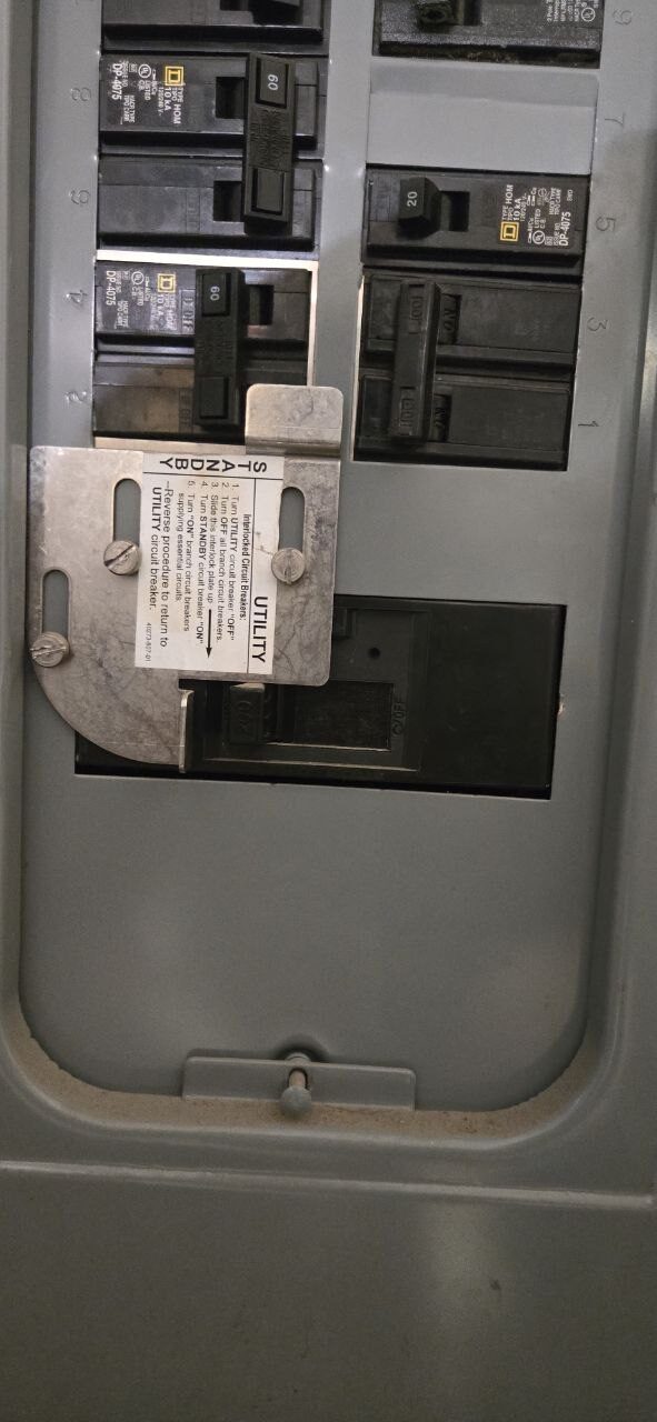 Generator interlock kit fitted to a load centre, utility and standby breakers, Vancouver WA